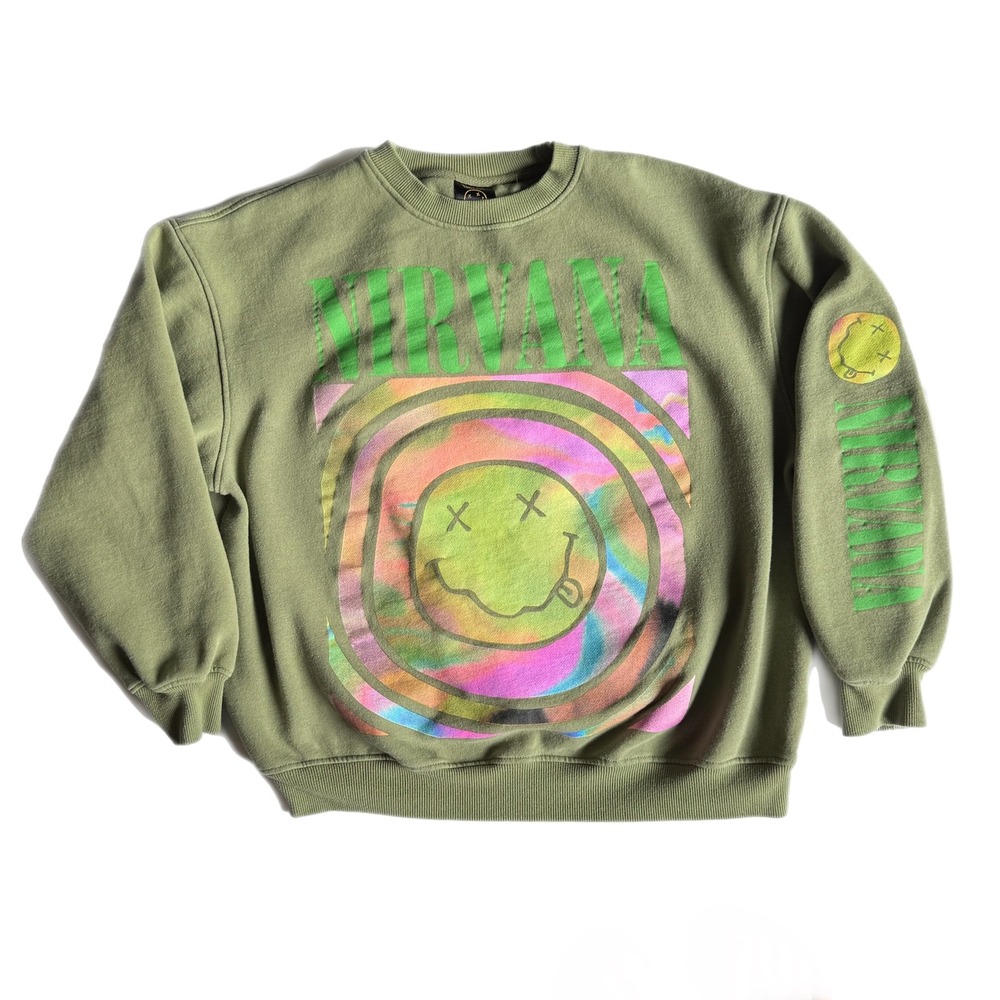 Nirvana Cotton On Graphic Sweatshirt Olive Green Smiley Face Band Crewneck Large